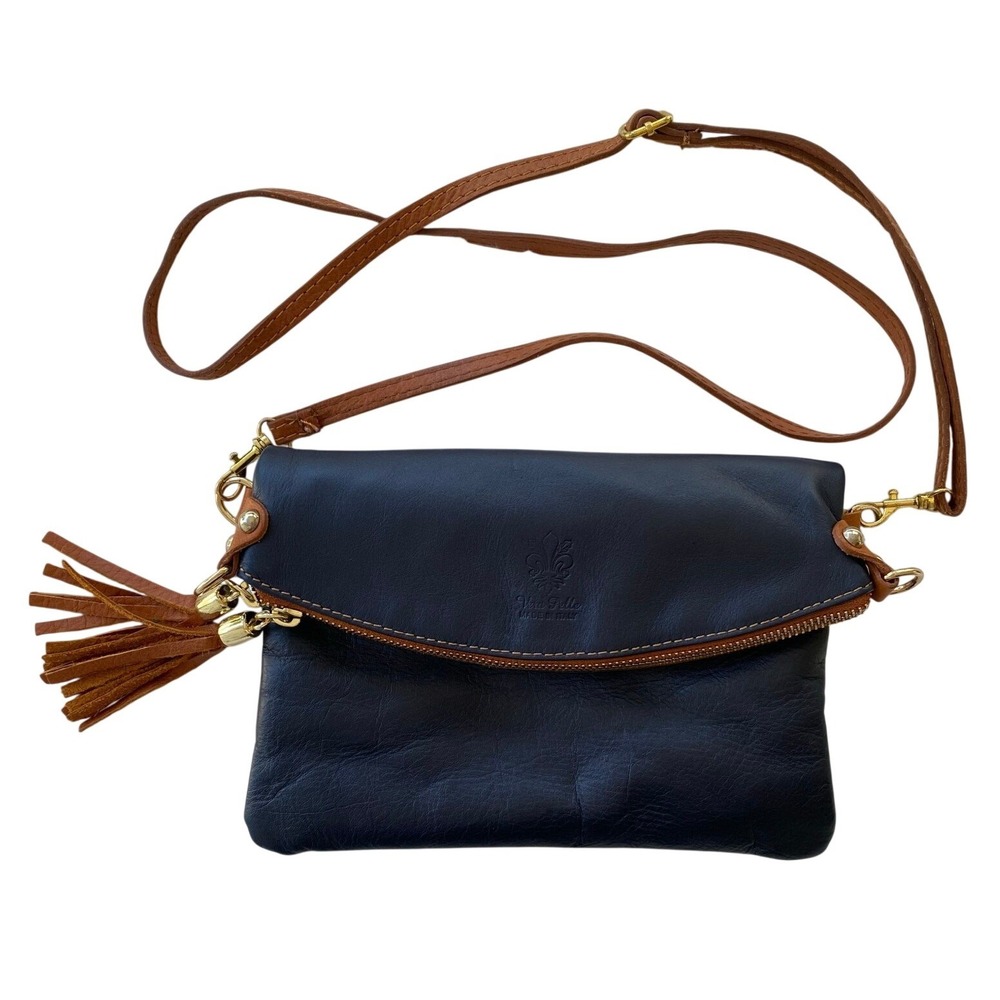 Vera Pelle Italian Leather Crossbody‎ Clutch Bag Navy Blue Tassel Boho Festival